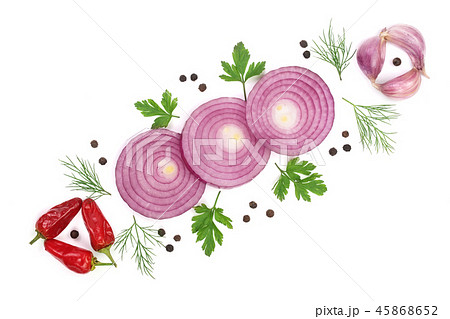 onion, garlic, hot pepper parsley and dill isolated on white background. Top view. Flat lay pattern onion, garlic, hot pepper parsley and dill isolated on white background. Top view. Flat lay pattern 45868652