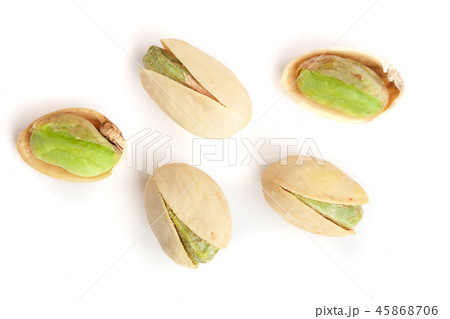 Pistachios isolated on white background, top view. Flat lay Pistachios isolated on white background, top view. Flat lay 45868706