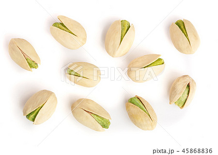Pistachios isolated on white background, top view. Flat lay Pistachios isolated on white background, top view. Flat lay 45868836