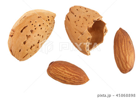 almonds are peeled and unpeeled isolated on white background without a shadow close up. Top view almonds are peeled and unpeeled isolated on white background without a shadow close up. Top view 45868898