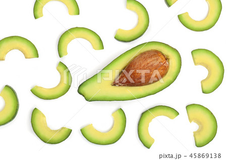avocado slices isolated on white background. Top view. Flat lay pattern avocado slices isolated on white background. Top view. Flat lay pattern 45869138