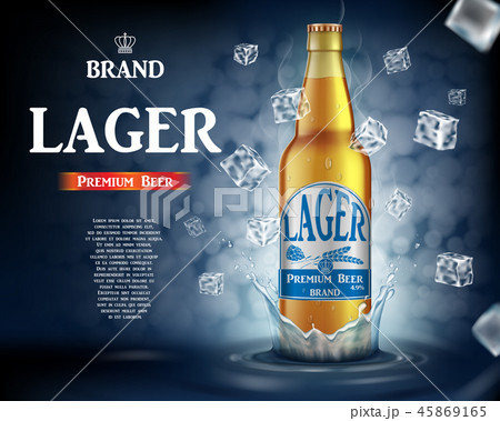 Craft lager beer ads with splashing. Realistic glass beer bottle with flying ice cubes on shiny blue 45869165