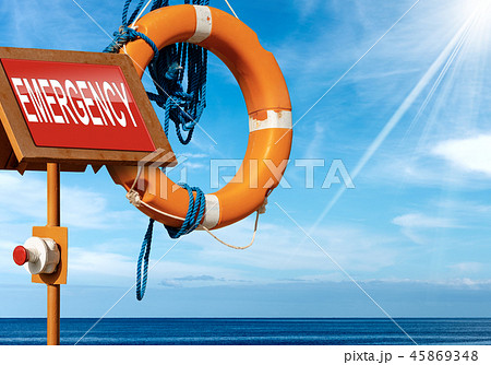 Emergency Red Button and Life Preserver at Sea Emergency Red Button and Life Preserver at Sea 45869348