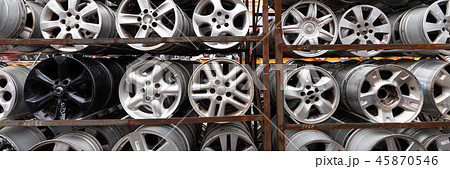 Auto parts market. Car wheels are on the ground. 45870546