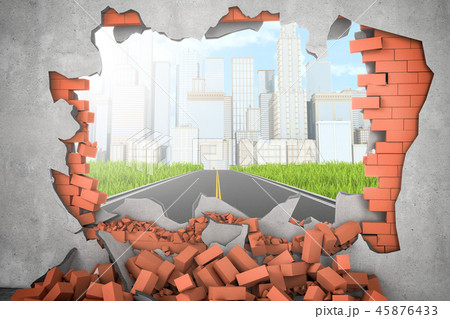 3d rendering of a plastered brick wall with a big hole in it through which opens up a beautiful view 3d rendering of a plastered brick wall with a big hole in it through which opens up a beautiful view 45876433