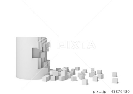 3d rendering of a solid cylinder shaped block getting destroyed with perfectly shaped square pieces 45876480