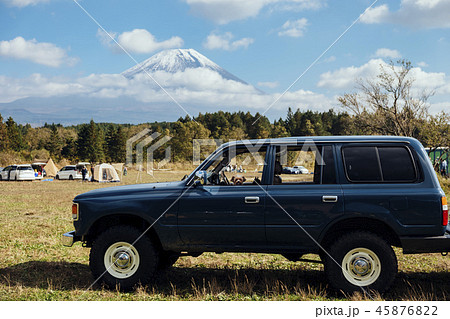 富士山が見えるところにドライブした犬がこちらを見ている 45876822