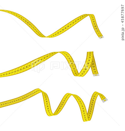 3d rendering of three yellow measuring tapes lying curled on a white background. 45877697