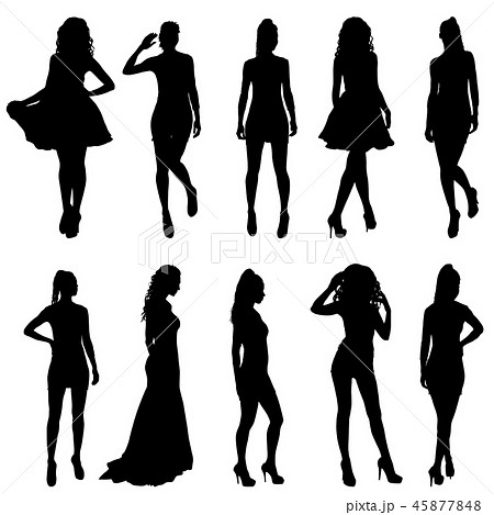 Set Beautiful Fashion Girl Silhouette On A White のイラスト素材