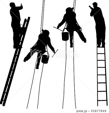 Silhouette worker climbing the ladder on white  45877849