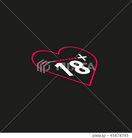 Vector illustration of an isolated line art heart icon with the text 18 plus 45878795