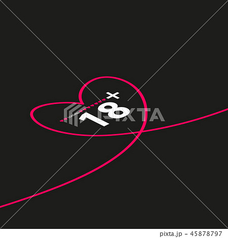 Vector illustration of an isolated line art heart icon with the text 18 plus 45878797