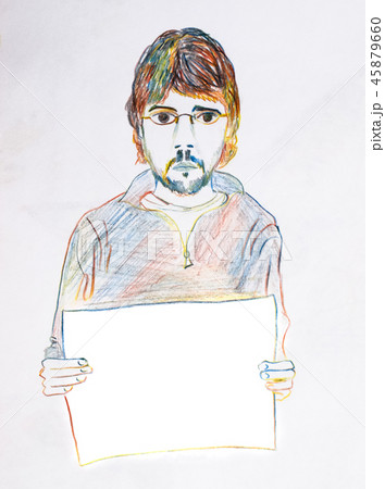 A man with a beard and glasses holding a blank poster. Place for the inscription on the poster 45879660