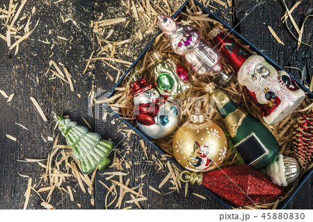 Box with vintage glass Christmas toys top view Box with vintage glass Christmas toys top view 45880830
