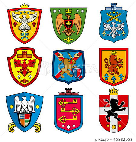 Family dynasty medieval royal coat of arms on shield vector set 45882053