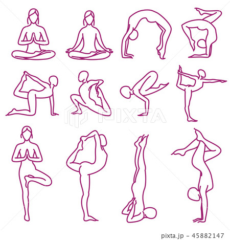 Yoga poses vector silhouettes, pilates fitness female exercises set 45882147