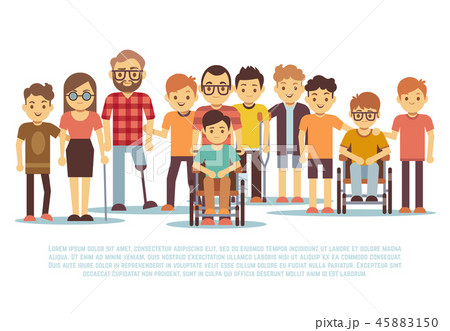Disabled child, handicapped children, diverse students in wheelchair vector set 45883150