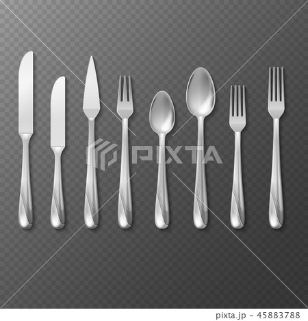 Vector realistic cutlery set, silver or steel fork, spoon, knife 45883788