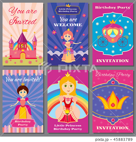 Child girl birthday, princess party vector invitations set 45883789