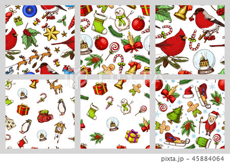 Set of Merry Christmas and New Year seamless pattern, xmas elements with animals and Santa Claus 45884064
