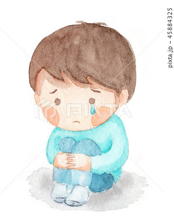 ひざを抱えて泣く男の子 水彩画のイラスト素材