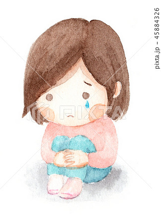 ひざをかかえて泣く女の子 水彩画のイラスト素材