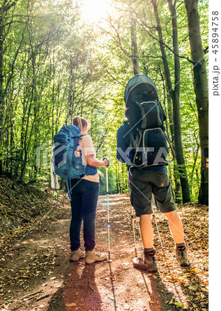 Man Woman family baby backpack Hiking in the forest on a sunny day in nature Man Woman family baby backpack Hiking in the forest on a sunny day in nature 45894758