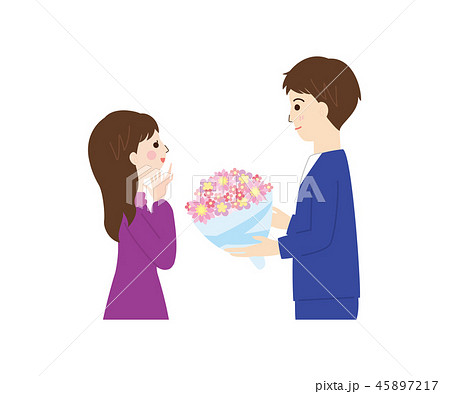 人物素材 花束をわたす男性と笑顔の女性のイラスト素材 45897217 Pixta