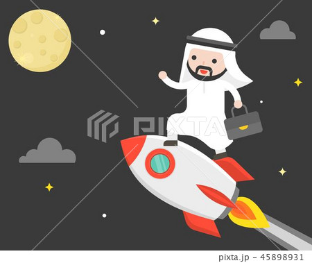 Cute Arab Business Man Riding Rocket Flying In Skyのイラスト素材 4531