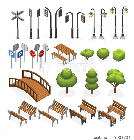 Urban city street miniature isometric vector objects, benches, trees, streetlight, seats, road signs Urban city street miniature isometric vector objects, benches, trees, streetlight, seats, road signs 45903781