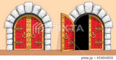 Medieval red wood gate decorated with wrought iron 45904830