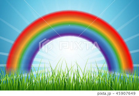 Bright rainbow blue sky with rising sun and green grass Bright rainbow blue sky with rising sun and green grass 45907649