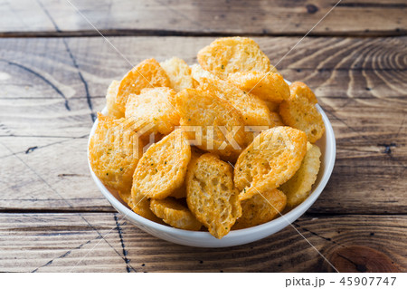 Croutons of white bread baguette with spices Croutons of white bread baguette with spices 45907747