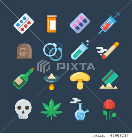 Illegal drug tablets, alcohol addiction, methamphetamine abuse vector flat icons Illegal drug tablets, alcohol addiction, methamphetamine abuse vector flat icons 45908287