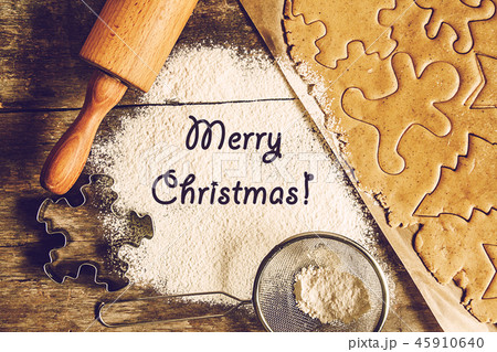 table rolled out dough, flour, Christmas shapes, table rolled out dough, flour, Christmas shapes, 45910640