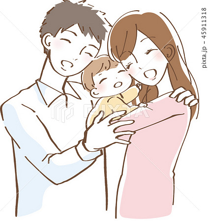 赤ちゃんを抱いて幸せそうな家族 イラストのイラスト素材