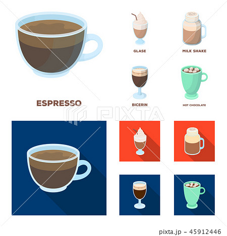 Esprecco, glase, milk shake, bicerin.Different types of coffee set collection icons in cartoon,flat 45912446