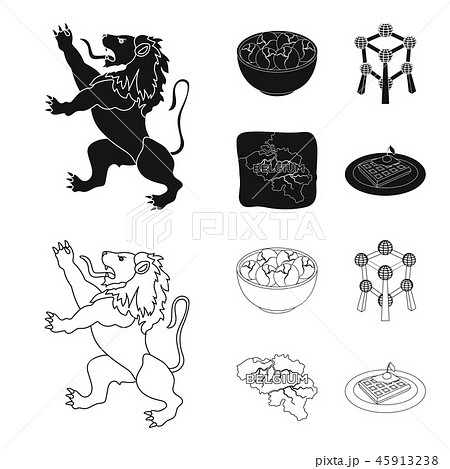 Territory on the map, brussels sprouts and other symbols of the country.Belgium set collection icons Territory on the map, brussels sprouts and other symbols of the country.Belgium set collection icons 45913238