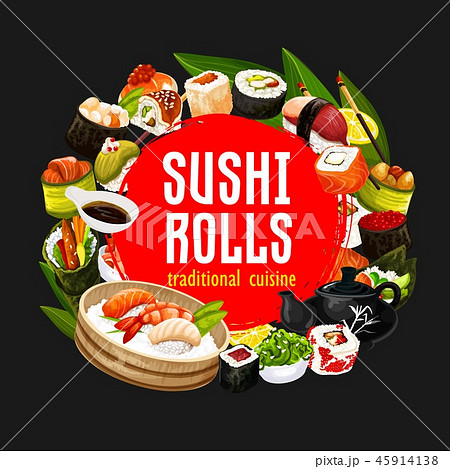 Sushi and rolls, vector japanese cuisine seafood 45914138