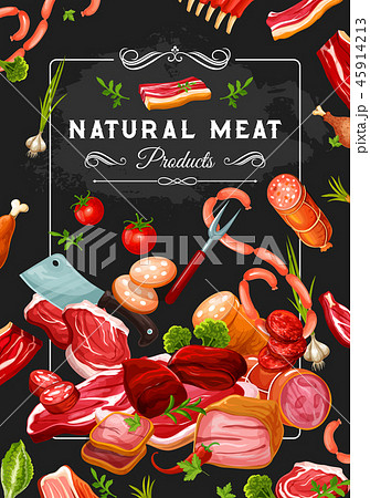 Butcher shop meat and veggies, steaks and knives 45914213