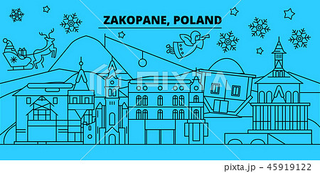 Poland, Zakopane winter holidays skyline. Merry Christmas, Happy New Year decorated banner with Poland, Zakopane winter holidays skyline. Merry Christmas, Happy New Year decorated banner with 45919122