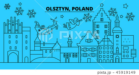 Poland, Olsztyn winter holidays skyline. Merry Christmas, Happy New Year decorated banner with Santa Poland, Olsztyn winter holidays skyline. Merry Christmas, Happy New Year decorated banner with Santa 45919149