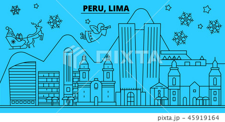 Peru winter holidays skyline. Merry Christmas, Happy New Year decorated banner with Santa Claus.Peru 45919164