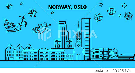 Norway, Oslo winter holidays skyline. Merry Christmas, Happy New Year decorated banner with Santa 45919176