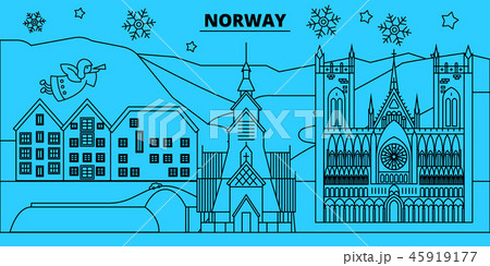 Norway winter holidays skyline. Merry Christmas, Happy New Year decorated banner with Santa Claus 45919177