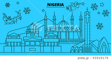 Nigeria winter holidays skyline. Merry Christmas, Happy New Year decorated banner with Santa Claus 45919179