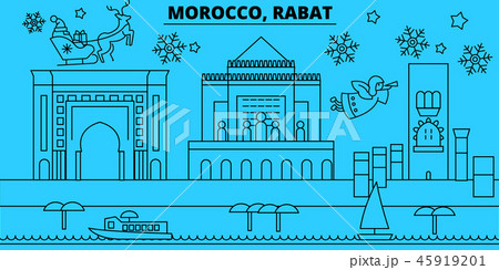 Morocco, Rabat winter holidays skyline. Merry Christmas, Happy New Year decorated banner with Santa Morocco, Rabat winter holidays skyline. Merry Christmas, Happy New Year decorated banner with Santa 45919201