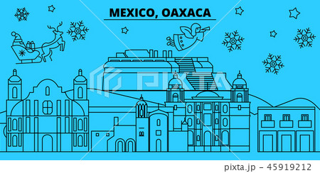 Mexico, Oaxaca winter holidays skyline. Merry Christmas, Happy New Year decorated banner with Santa 45919212