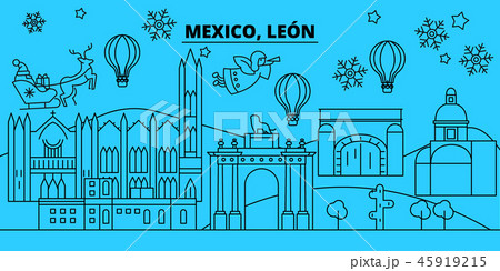 Mexico, Leon winter holidays skyline. Merry Christmas, Happy New Year decorated banner with Santa 45919215