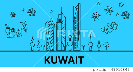 Kuwait winter holidays skyline. Merry Christmas, Happy New Year decorated banner with Santa Claus 45919345